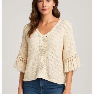 CABI Cream White‎ Knit Sweater Fringe Detail Small